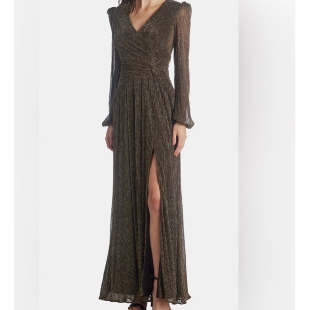 Xscape Gold Metallic Gown Black Shimmer Formal Evening Party High Slit Dress 10